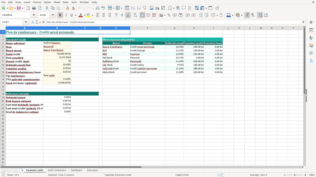 Captură 1: fila Parametri credit - Șablon Excel plan rambursare credit nevoi personale excel model