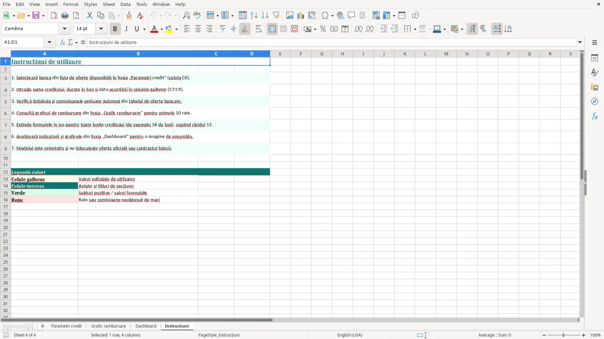 Captură 4: fila Instrucțiuni - Șablon Excel plan rambursare credit nevoi personale excel model