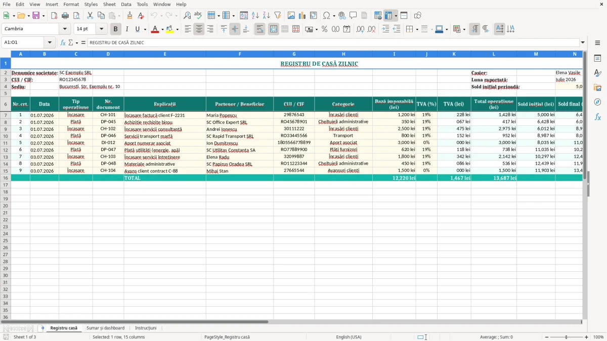 Captură 1: fila Registru casă - Șablon Excel registru de casă zilnic excel model