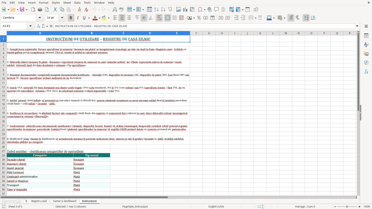Captură 3: fila Instrucțiuni - Șablon Excel registru de casă zilnic excel model