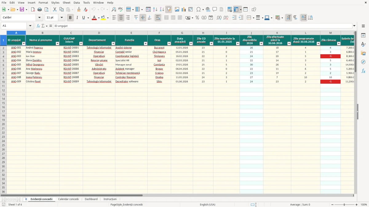 Captură 1: fila Evidență concedii - Șablon Excel calcul concediu de odihnă excel model
