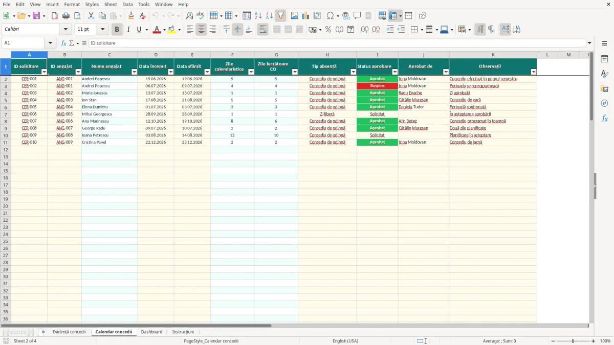 Captură 2: fila Calendar concedii - Șablon Excel calcul concediu de odihnă excel model
