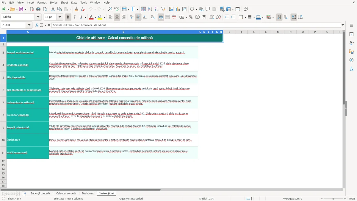 Captură 4: fila Instrucțiuni - Șablon Excel calcul concediu de odihnă excel model