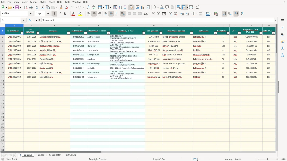 Captură 1: fila Comenzi - Șablon Excel comandă către furnizor excel model