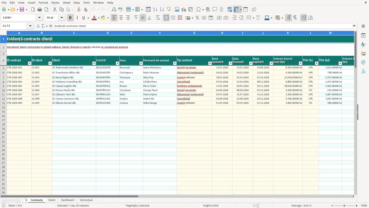 Captură 1: fila Contracte - Șablon Excel evidență contracte clienți excel model
