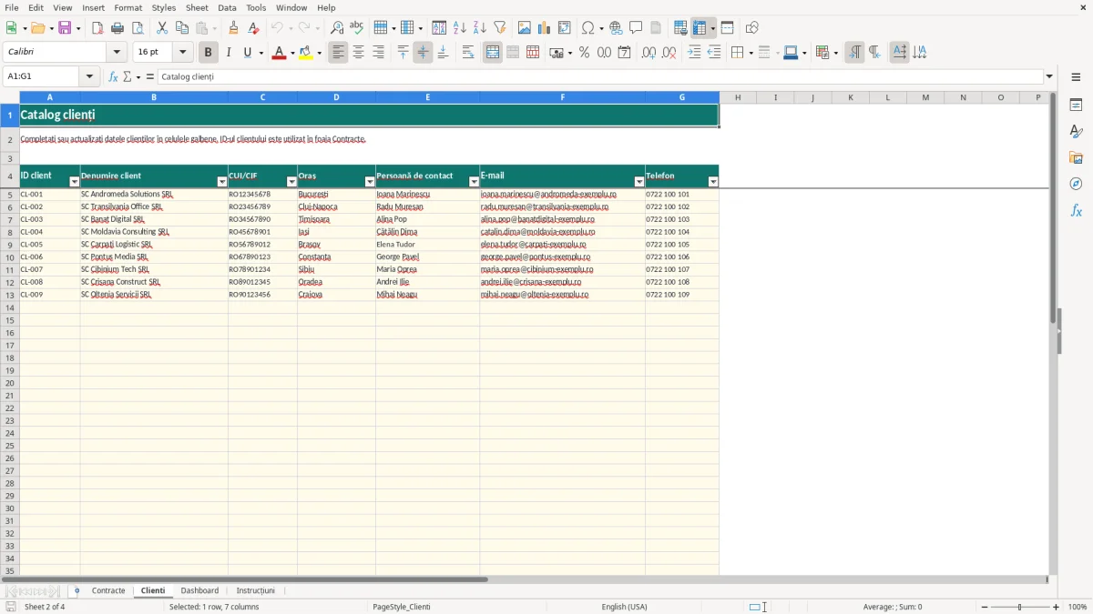 Captură 2: fila Clienti - Șablon Excel evidență contracte clienți excel model