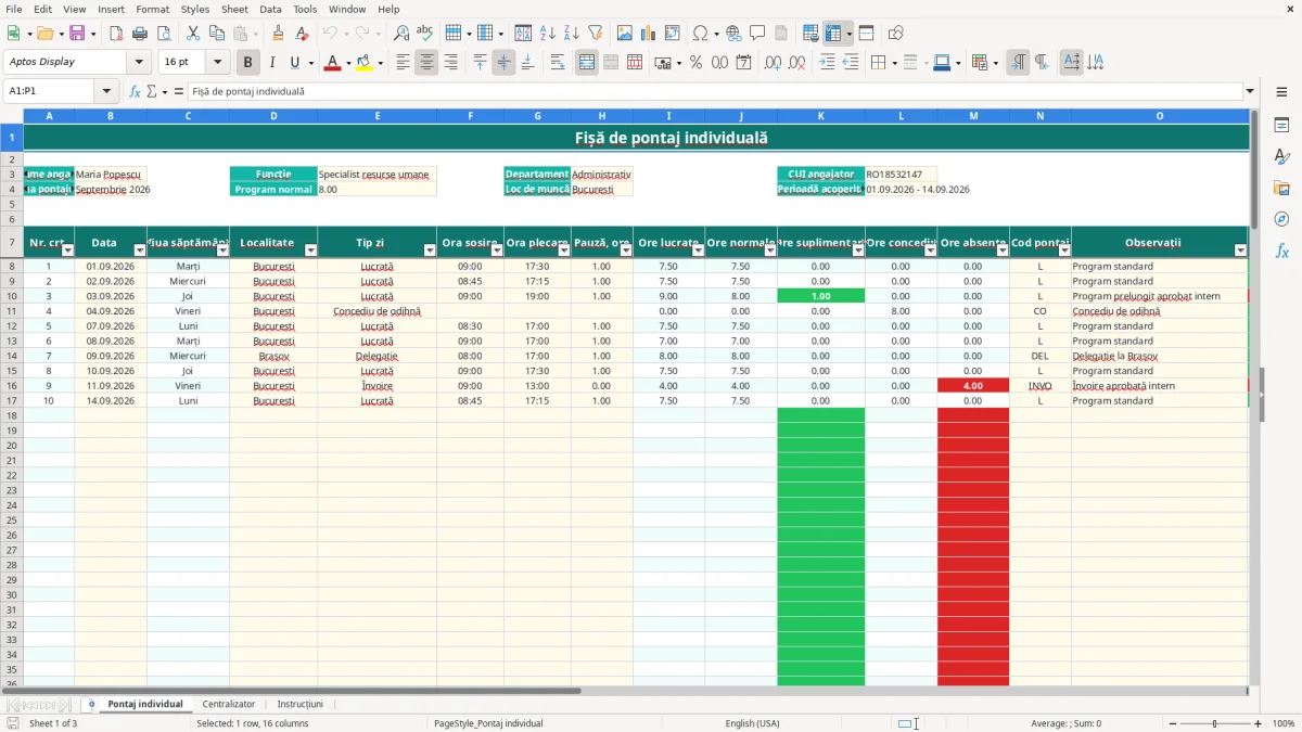 Captură 1: fila Pontaj individual - Șablon Excel fișă de pontaj individuală excel model