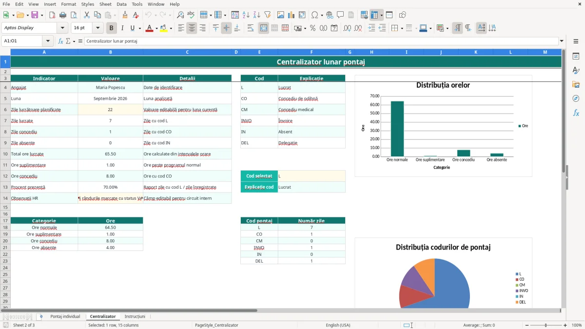 Captură 2: fila Centralizator - Șablon Excel fișă de pontaj individuală excel model
