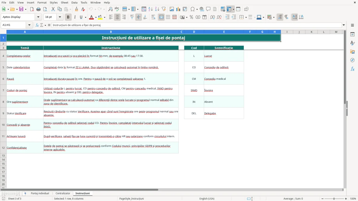 Captură 3: fila Instrucțiuni - Șablon Excel fișă de pontaj individuală excel model