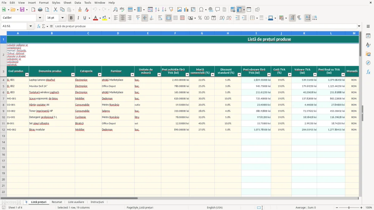 Captură 1: fila Listă prețuri - Șablon Excel listă de prețuri produse excel model