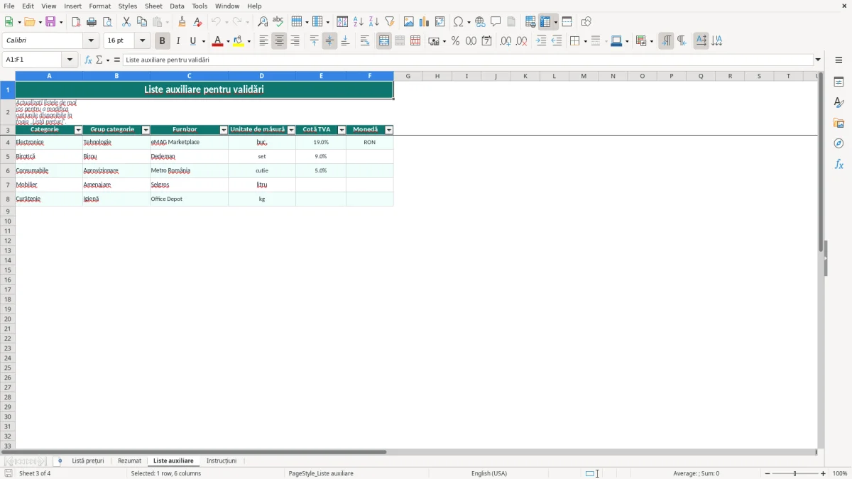 Captură 3: fila Liste auxiliare - Șablon Excel listă de prețuri produse excel model