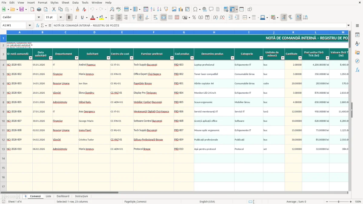 Captură 1: fila Comenzi - Șablon Excel notă de comandă internă excel model