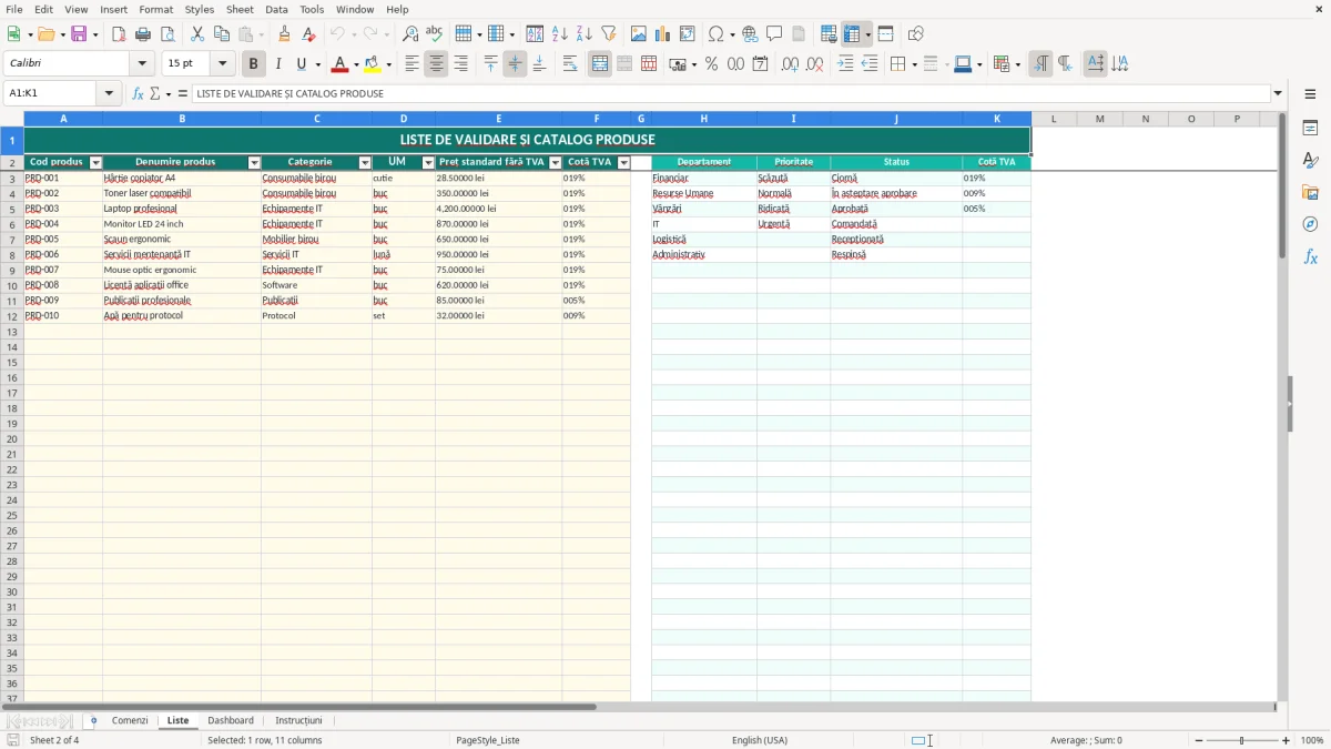 Captură 2: fila Liste - Șablon Excel notă de comandă internă excel model