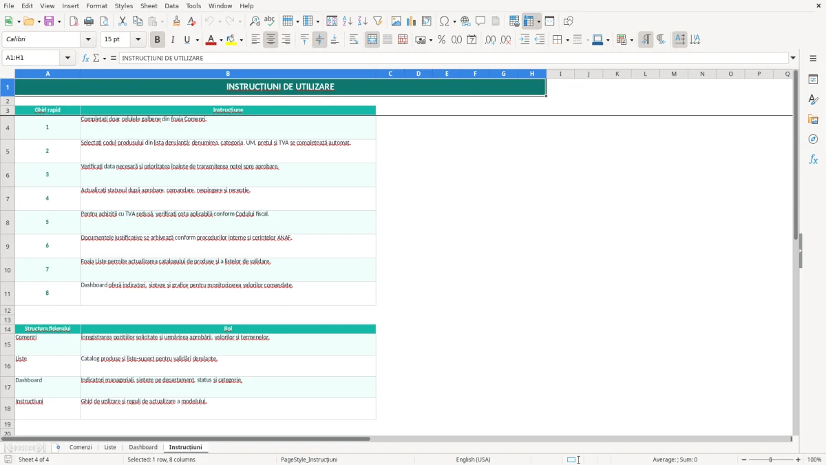 Captură 4: fila Instrucțiuni - Șablon Excel notă de comandă internă excel model