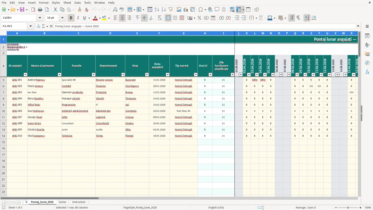 Captură 1: fila Pontaj_Iunie_2026 - Șablon Excel pontaj lunar angajați excel model