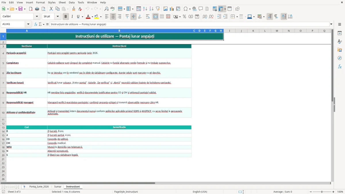 Captură 3: fila Instrucțiuni - Șablon Excel pontaj lunar angajați excel model