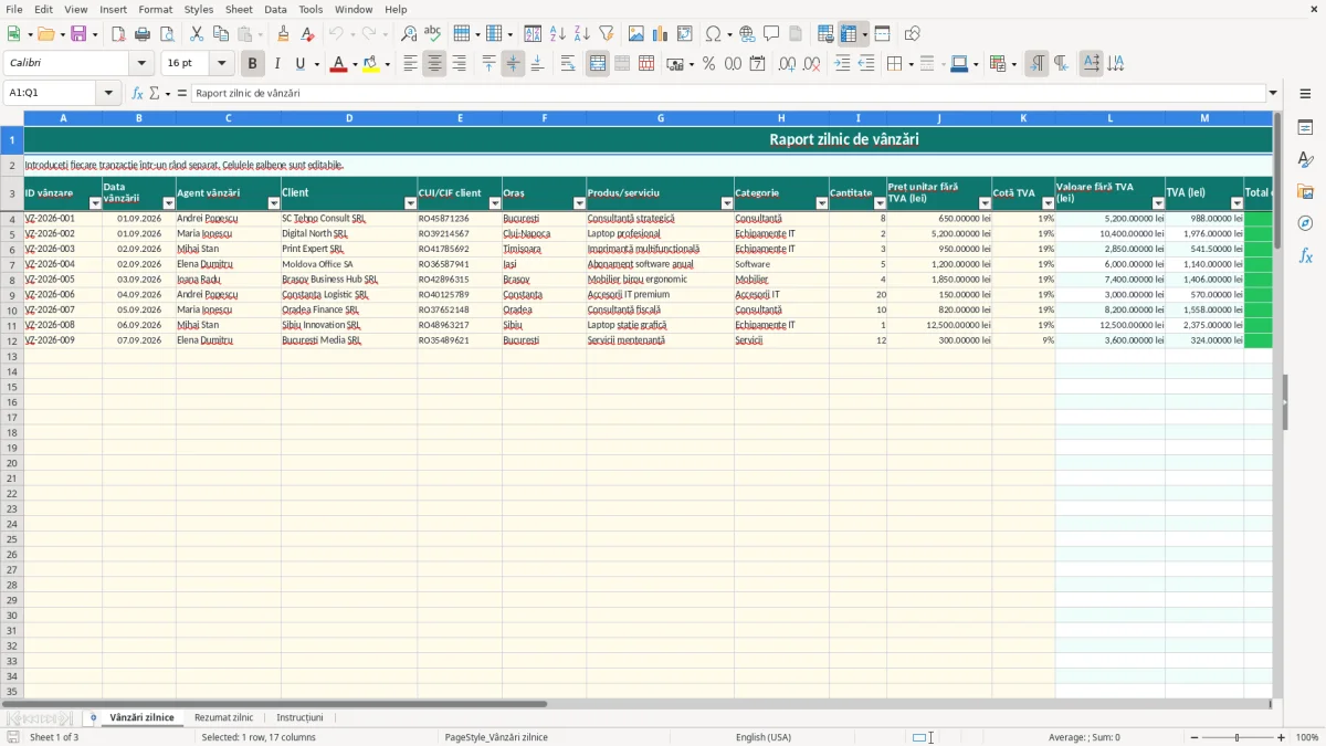 Captură 1: fila Vânzări zilnice - Șablon Excel raport zilnic de vânzări excel model