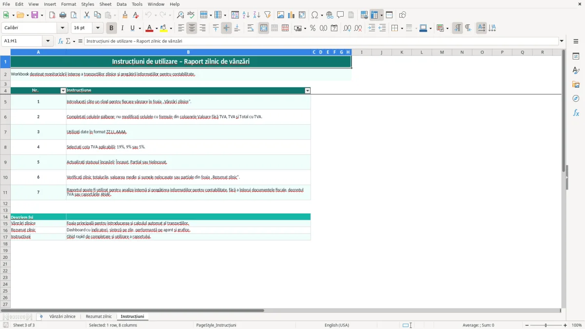 Captură 3: fila Instrucțiuni - Șablon Excel raport zilnic de vânzări excel model