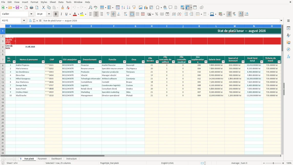 Captură 1: fila Stat plată - Șablon Excel stat de plată lunar excel model