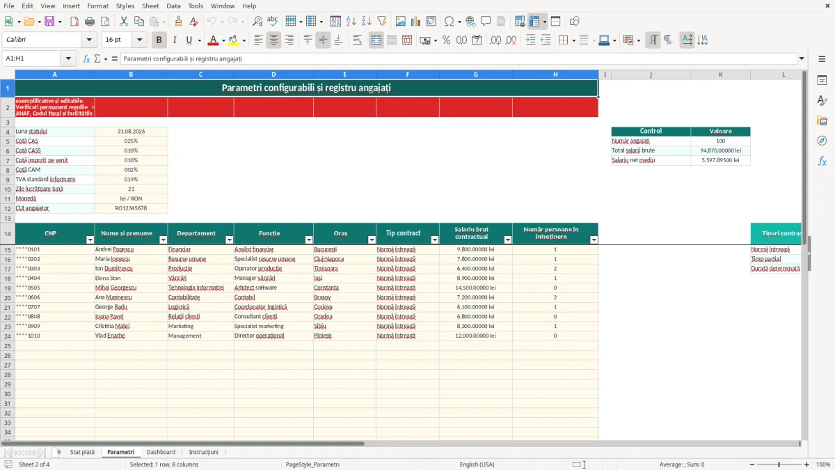 Captură 2: fila Parametri - Șablon Excel stat de plată lunar excel model
