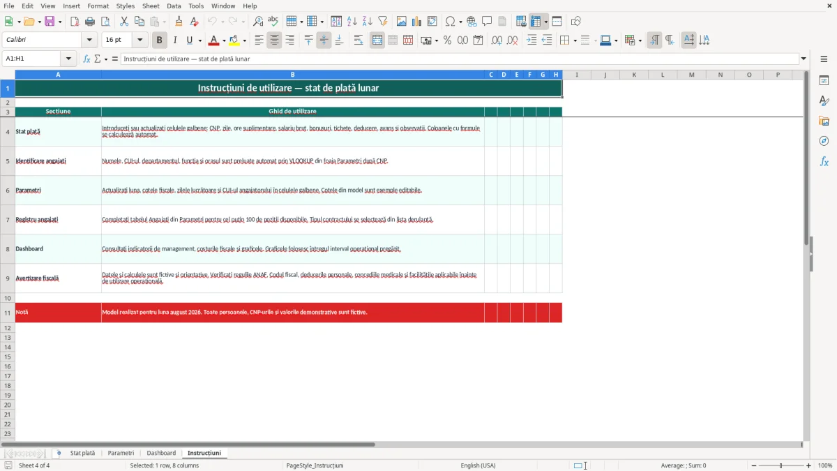 Captură 4: fila Instrucțiuni - Șablon Excel stat de plată lunar excel model