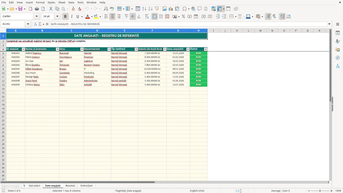 Captură 2: fila Date angajați - Șablon Excel ștat de salarii angajați excel model