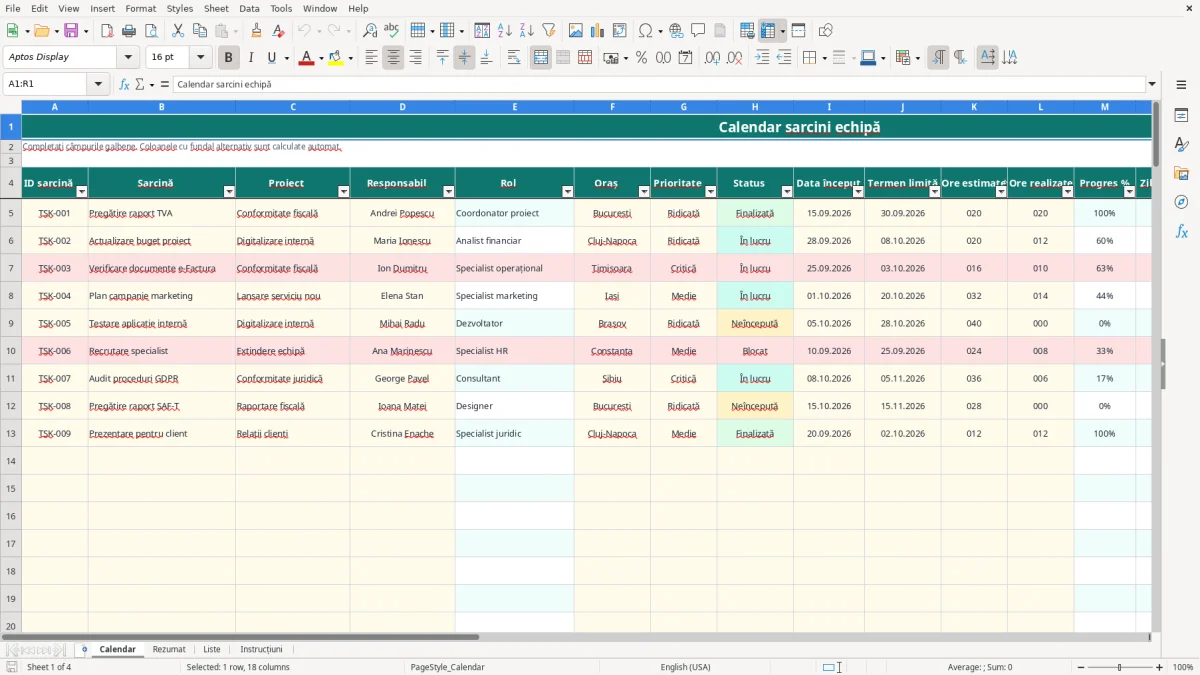 Captură 1: fila Calendar - Șablon Excel calendar sarcini echipă excel model