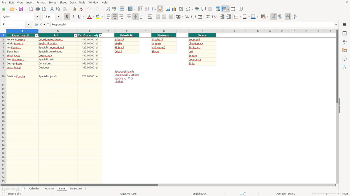 Captură 3: fila Liste - Șablon Excel calendar sarcini echipă excel model