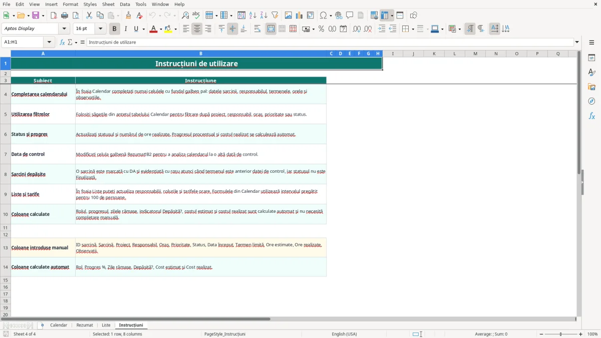 Captură 4: fila Instrucțiuni - Șablon Excel calendar sarcini echipă excel model