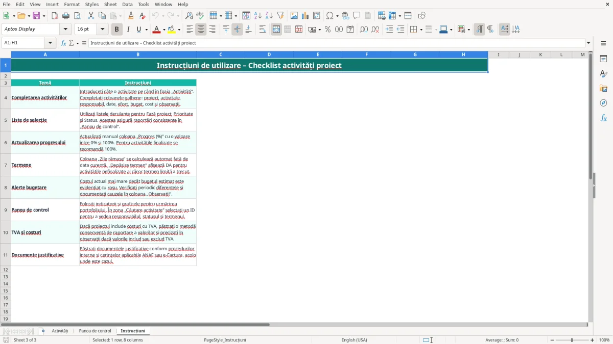 Captură 3: fila Instrucțiuni - Șablon Excel checklist activități proiect excel model