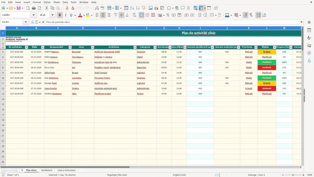 Captură 1: fila Plan zilnic - Șablon Excel plan de activități zilnic excel model