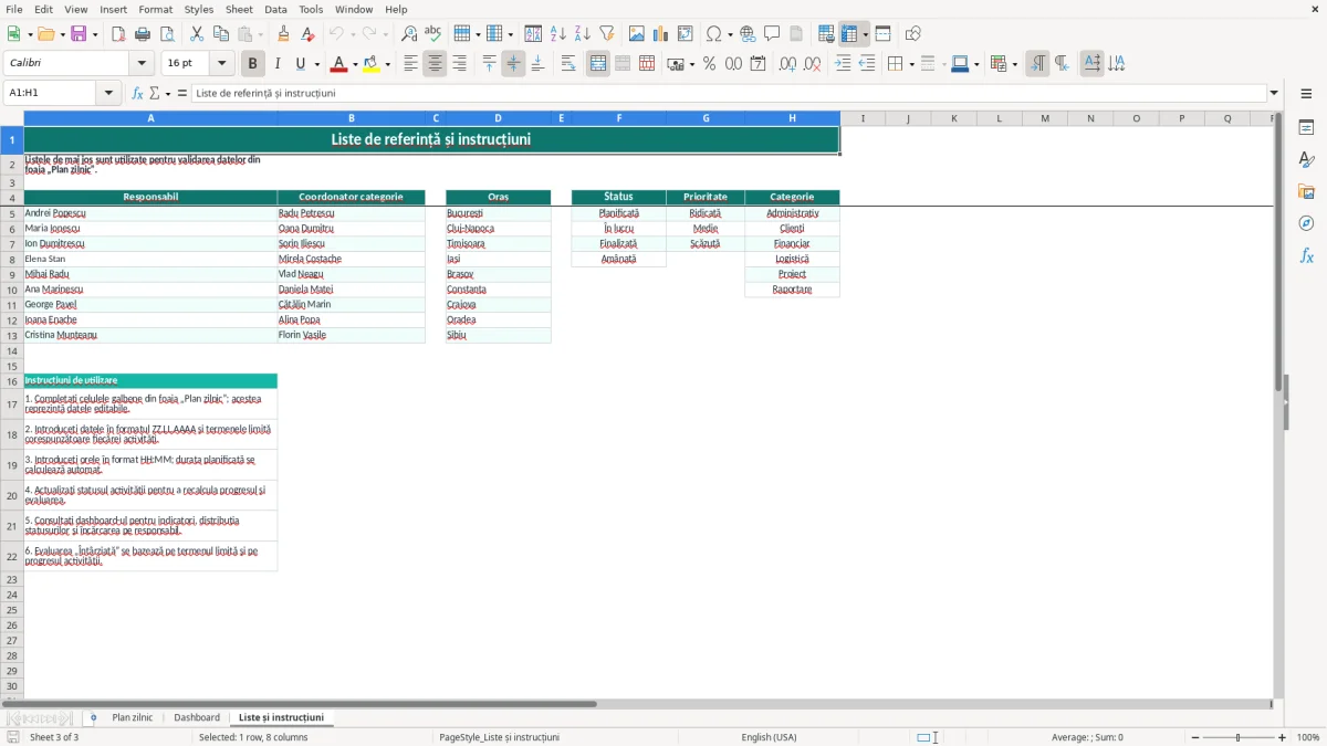 Captură 3: fila Liste și instrucțiuni - Șablon Excel plan de activități zilnic excel model