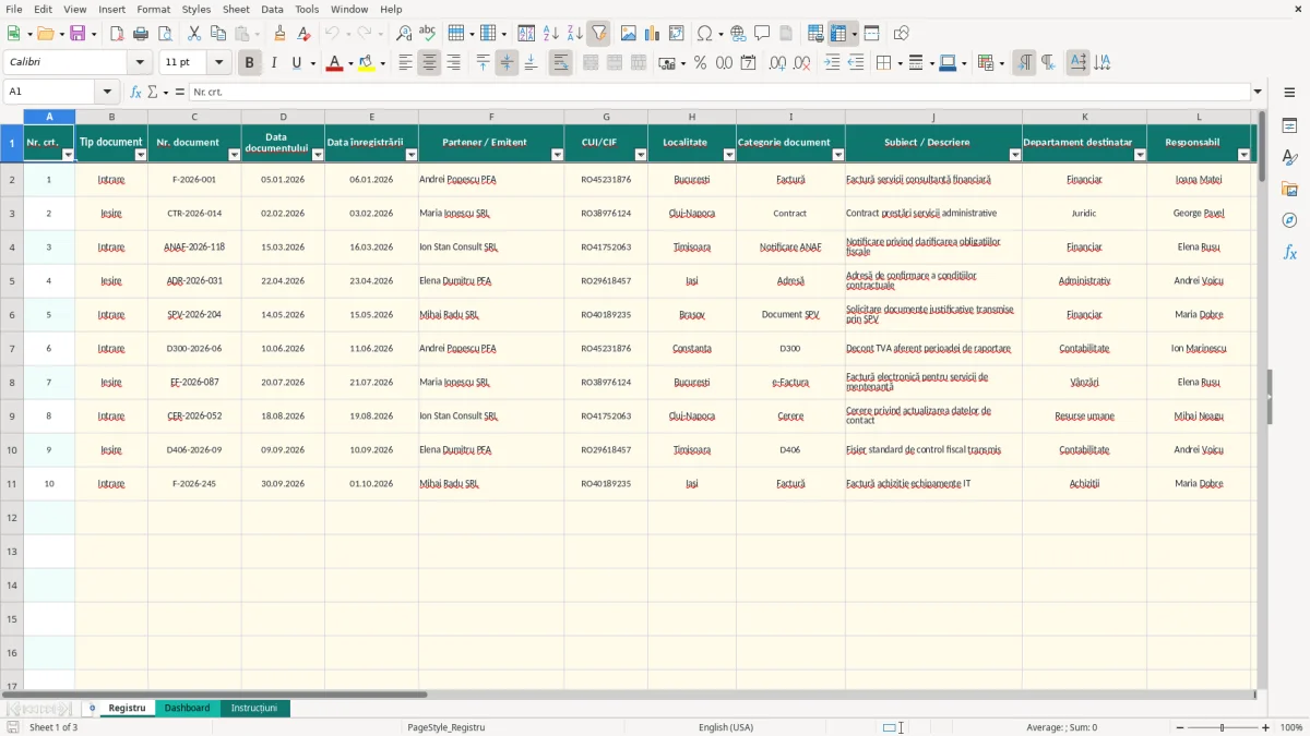 Captură 1: fila Registru - Șablon Excel registru intrări ieșiri documente excel model