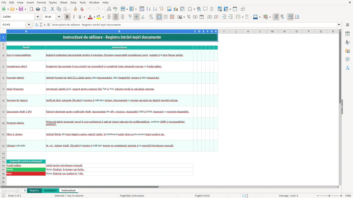 Captură 3: fila Instrucțiuni - Șablon Excel registru intrări ieșiri documente excel model
